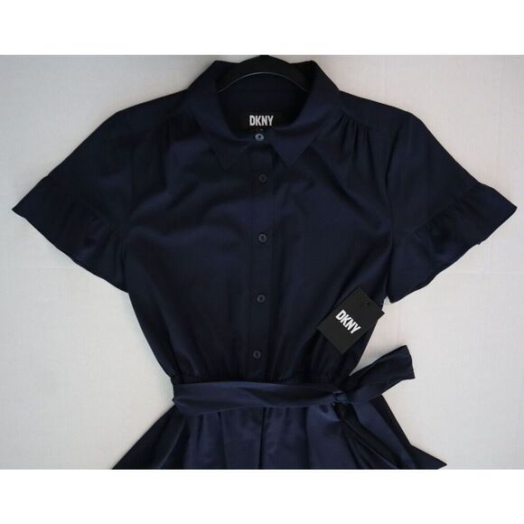 DKNY DD4A4502 Women's Sz 8 Navy Blue Belted Flutter Sleeve Shirtdress - Picture 6 of 8